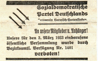 Reichstagswahl am 5. März 1933 - Das Bezirksamt Garmisch Verbot verbietet der SPD eine öffentliche Versammlung am 3. März 1933 im Rassen