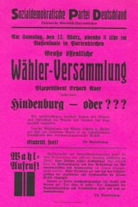 Reichspräsidentenwahl 1932 - SPD-Plakat: Hindenburg soll Hitler samt NSDAP und Thälmann von der KPD in Schach halten